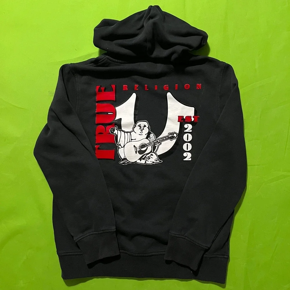 SMALL True Religion Mens Black Buddha Logo Full Zip Hoodie Sweatshirt